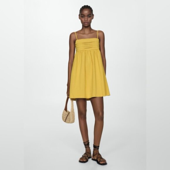 NWT Chartreuse Mango Ruched Mini Dress - Picture 4 of 4